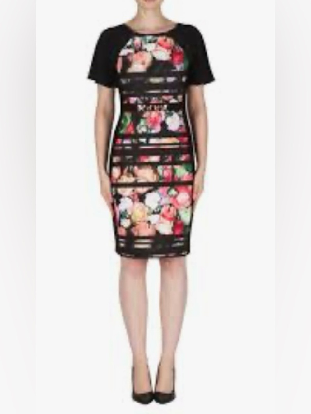 Joseph Ribkoff black and multi-color floral dress with a decorative gold-tone ch